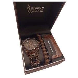 American Exchange Men's Brown Watch, Bracelet, & Credit Card Holder Giftbox