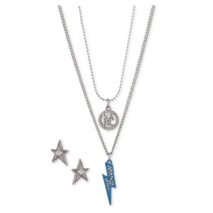 Karl Lagerfeld Silver-Tone Pavé Lightning Bolt Layered Pendant Necklace & Star Stud Earrings Set