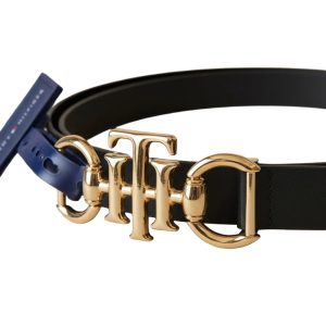 Tommy Hilfiger Women's Signature Leather Belt Black with a Gold-Tone Buckle
