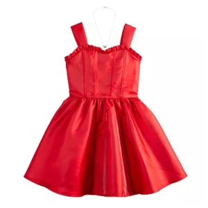 Girls Knit Works Sweetheart Ruffle Corset Red Bodice Dress & Necklace