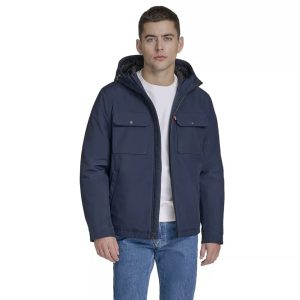 Levi's Men's Soft Shell Quilt Lined Hooded Storm Coat Navy
