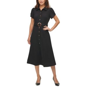 Calvin Klein Women's Puff-Sleeve Button Down Belted Midi Dress