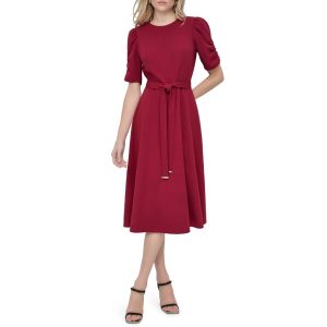 DKNY Women's Round-Neck Tie Waist Fit & Flare Dress