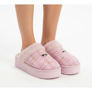 Karl Lagerfeld Women's Pink Faux-Fur Slippers