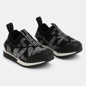 Michael Kors Girls' Sock Logo Slip On Sneakers Black & Silver