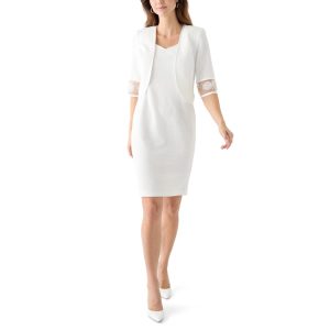 Brianna Milay Women's Textured Sheath Dress & Matching Bolero Jacket with Embellished Sheer Sleeves Set