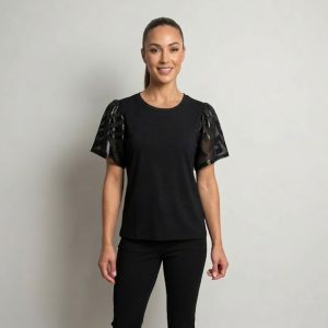 Michael Kors Women's Black Top with Sheer, Textured Short Sleeves